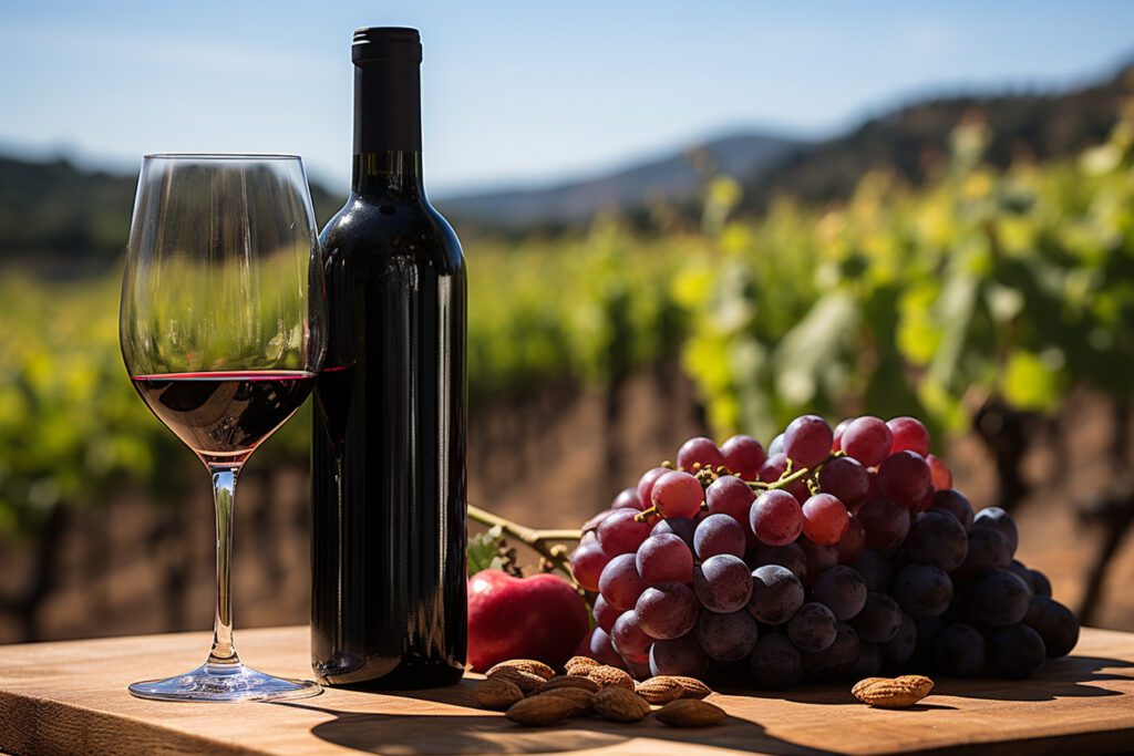 Un verre, une bouteille de vin et une grappe