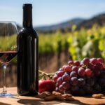 Un verre, une bouteille de vin et une grappe