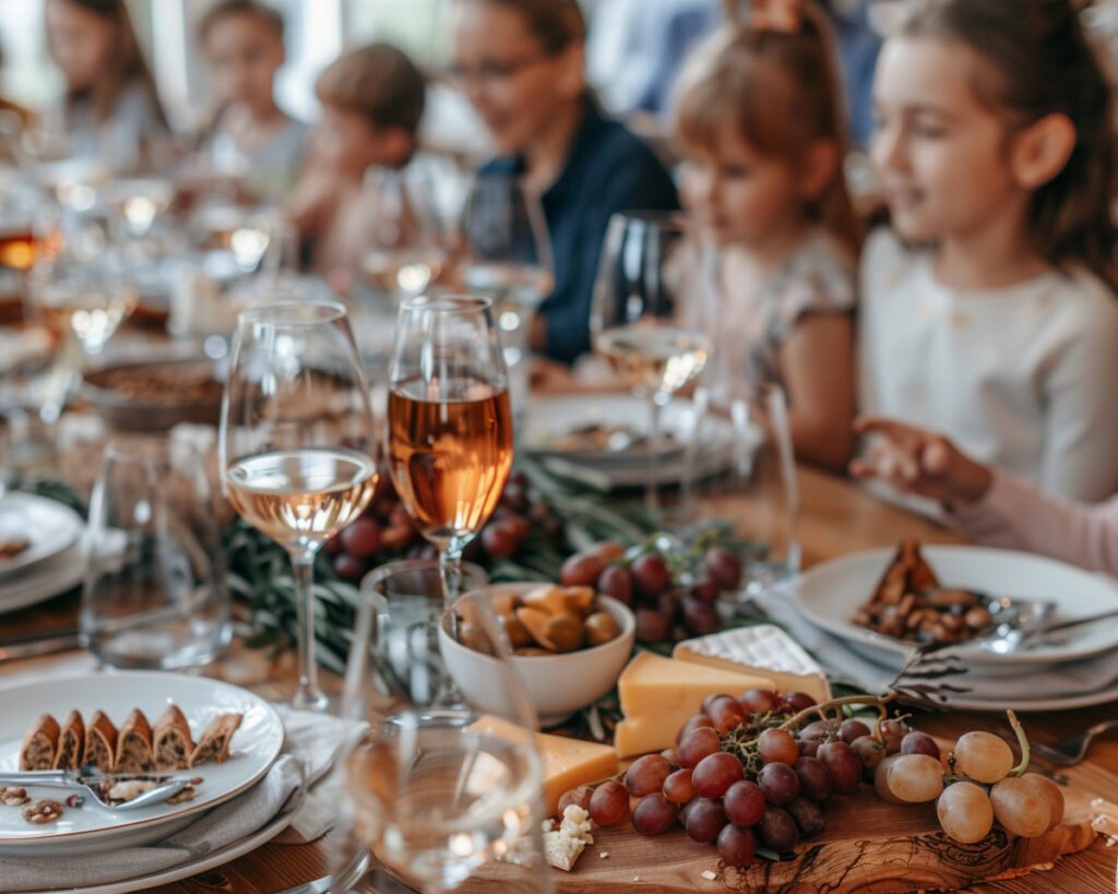 Des personnes autour d'une table dégustant du vin