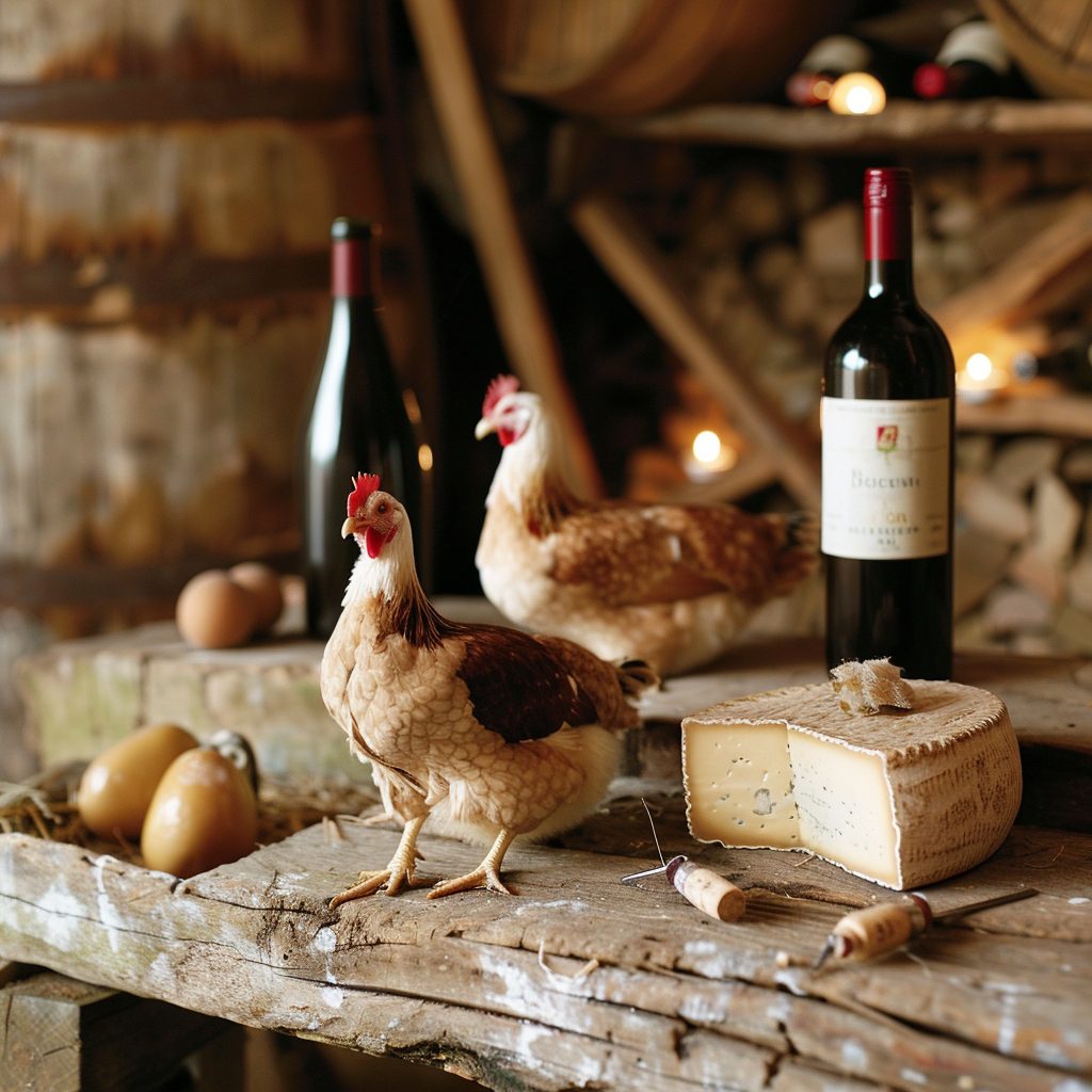 Des bouteilles de vin et des volailles
